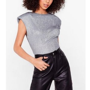 🪩☁️ Nasty Gal Silver Sparkle Padded Shoulder Top 💜Taylor Swift Eras Tour Inspo